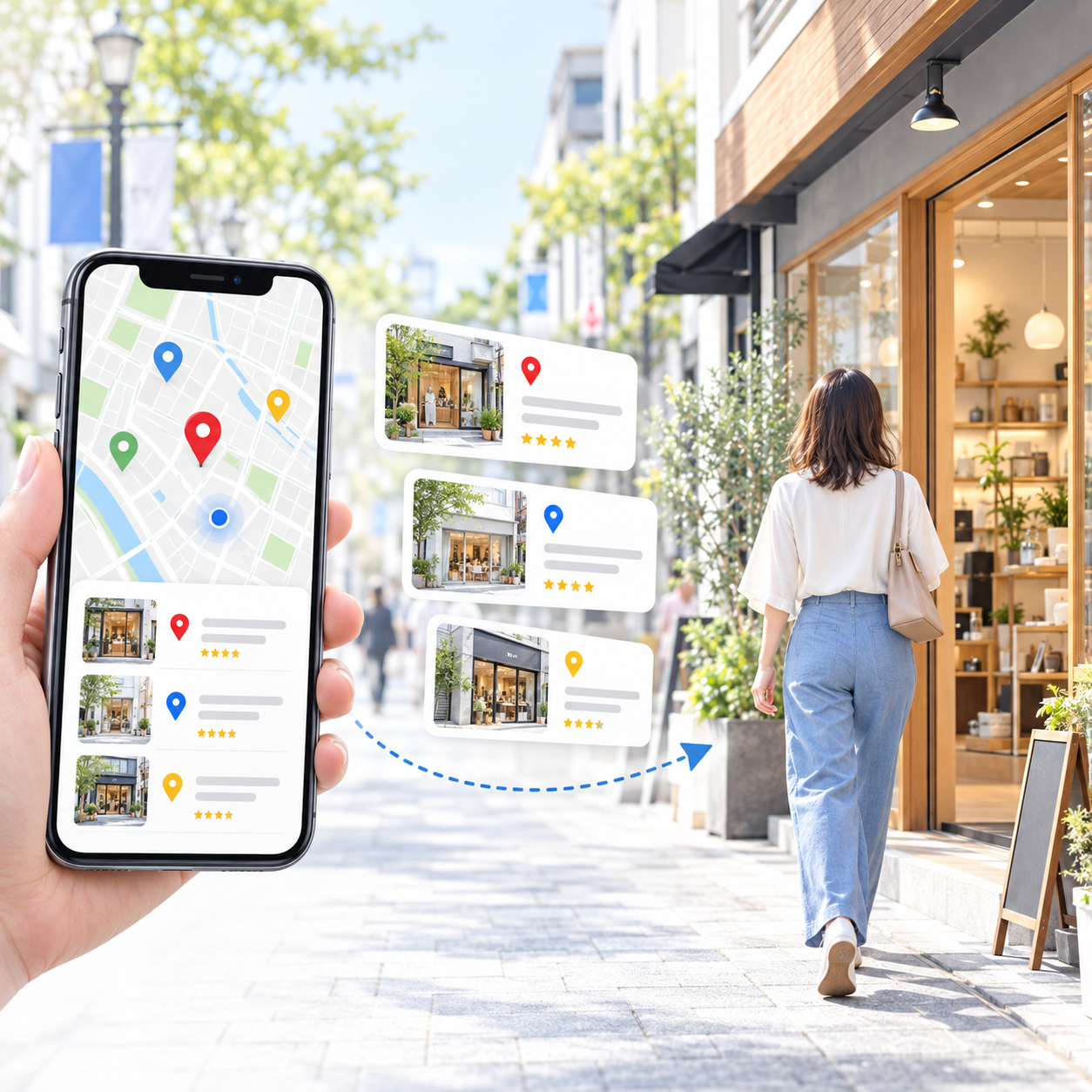 スマートフォンで近隣店舗を検索・比較し、選んだ店舗へ向かうイメージ
